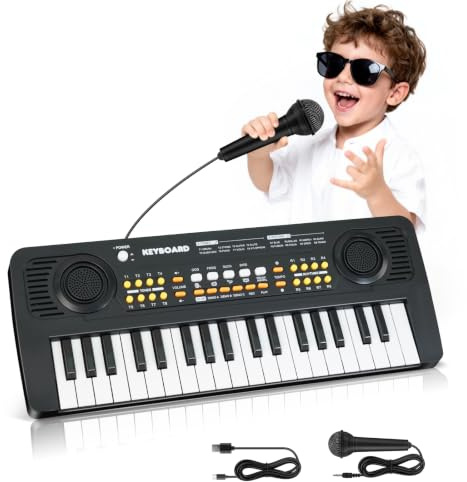 Tastiera Elettronica per Bambini 37 Tasti con Microfono per 3-6 Anni, Nero | Giocattolo Musicale Educativo e Portatile per Principianti 3 4 5 6 Bambini e Bambine, Regalo per Compleanno o Natale