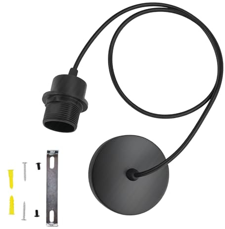 Ceiling Pendant Light Fitting, Industrial E27 Lamp Holder with Lock Ring for Lampshades, 1M Braided Flex Cable, Adjustable Hanging Light Fixture for Kitchen, Bedroom, Bar, Black, 1 Pack