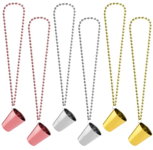 Bekecidi 6 Pcs Shot Glasses with Necklace, Hen Party Mini Plastic Cups with Necklace on Beaded, Reusable Electroplated Cups for Bachelorette Decorations Theme Party Supplies (Gold+Silver+Rose Gold)