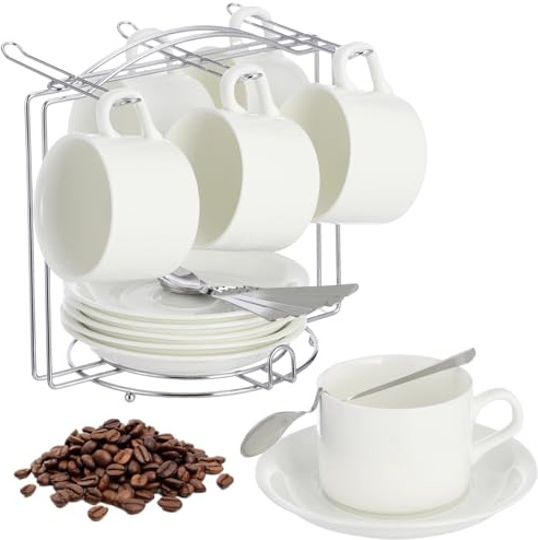 Skdqiee 6×150 ml (5.07 oz) Espresso Cups Set, White Ceramic Coffee Cup with Saucer, Spoon and Metal Storage Rack, Tea Cup Set for Home, Cafe