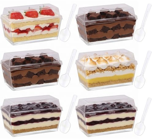 BOBPPOP 50Pcs Dessert Cups with Lids and Spoons, Reusable Plastic Dessert Pots, Clear Rectangle Cheesecake Cups for Pudding, Mousse, Trifles, Parties, Catering (130ml/4.58oz,Clear)