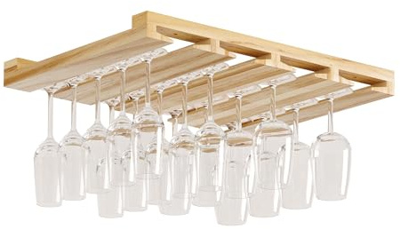 Rustic State Eze 4 Sectional Adjustable Under Cabinet Mount Wood Stemware Rack Hanging Shelf Glassware Holder Bar Organizer with up to 12 Wine Glass Storage 10 Inch Deep Natural