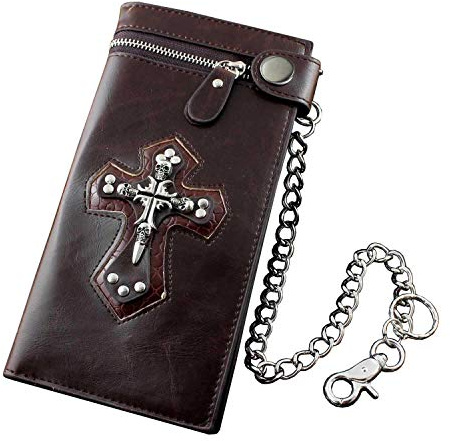 punkman2000 Mens Boys Skull Gothic Cross Zipper Checkboot Long Leather Biker Wallet With Chain