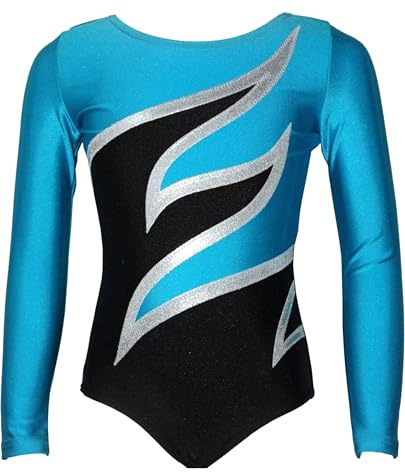 GymStern Turnanzug PLAMAK SPEZIAL Glanz Lycra Mädchen Gymnastikanzug langarm Kinder Turnbody langärmlich Farbe SCHWARZ/WEIß/TÜRKIS, Größe 128