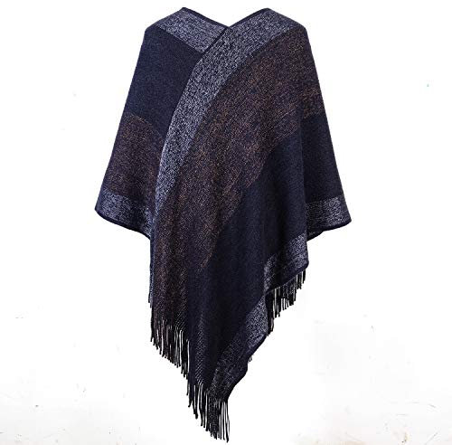 Poncho-tröja för kvinnor, v-ringad, randig stickad sjal, cape, pullover, med fransar, gåvor för kvinnor, mamma, Marinblå, XS/L