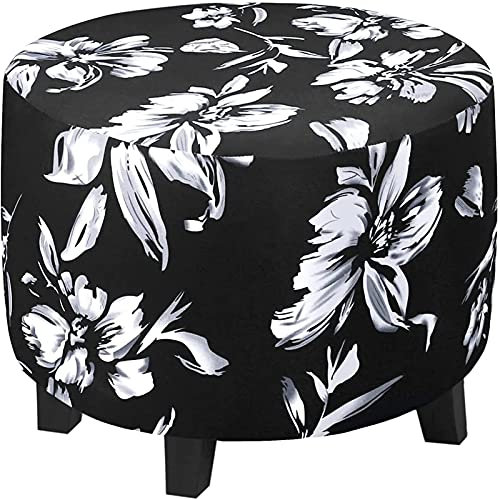 YCDZSW Stretchhusse für Ottomane, runder Fußhocker, aus Spandex, Jacquard-Stoff, waschbar, mit elastischer Unterseite (schwarz, L)