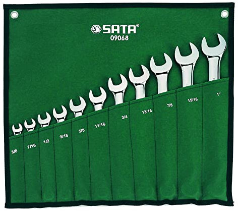SATA ST09068SJ Ringmaulschlüssel, Gabelringschlüssel, Gabelschlüssel, Schraubenschlüssel Set 3/8/9,525 mm - 1/25,4 mm, Zollgrößen poliert aus CR-V-Stahl in praktischer Roll-Tasche 11 Tlg.