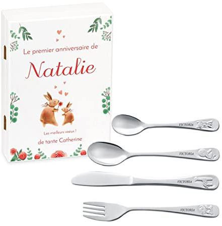 Maverton Set de couverts personnalisé dans boîte en bois imprimée - Thème Animal - Cadeau d'anniversaire personnalisé - Pour filles - Cadeaux bébé - Coutellerie gravée - LAPINS