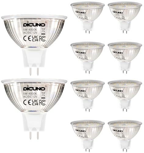 DiCUNO Ampoule LED GU5.3 MR16 5W, Blanc neutre 4000K, Non dimmable, 12V Ampoules LED Spot GU 5.3, Équivalent halogène 50W, 500LM, Angle de faisceau 120 °, Lot de 10