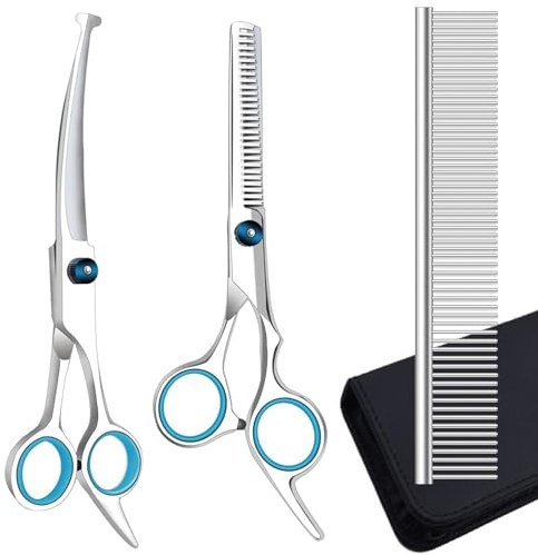 EVERESTA Fellschere für Hunde mit runden Sicherheitsspitzen, robustes Titan, Haustierpflege, Trimmer-Set, professionelle Effilierschere, gerade Schere mit Kamm für Hunde und Katzen (3 Stück)