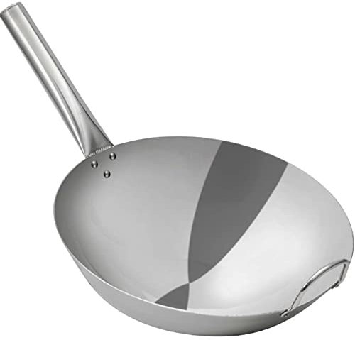 ECOLEK Wok Tradizionale in Ferro Fatto a Mano Wok in Vero Martello Wok Tradizionale in Acciaio al Carbonio con Manico in Legno e Acciaio, Fondo Tondo (26cm)