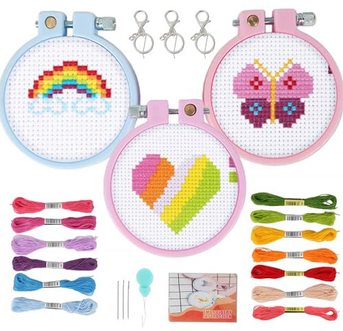GEBETTER Kreuzstich Anfänger Set Kinder Stickerei Kits Erwachsene vorgedruckt Embroidery enthält 3 Kreuzstichmuster und 3 Stickrahmen Ring für DIY Kunst Handwerk Nähen