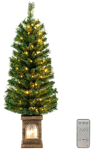 COSTWAY Albero di Natale Piccolo da Tavolo 120 cm, Albero di Natale Artificiale in Vaso con Luci e Rami Densi, Decorazione Natalizia per Casa, Ufficio e Negozio (Verde)