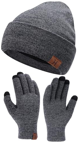 Winter Warm Beanie Hat Touchscreen Gloves Set, Soft Skull Cap Gloves Set for Men and Women with Warm Knit Fleece Lined