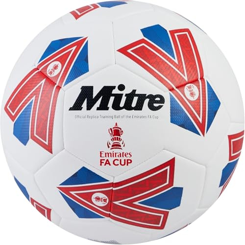 Mitre Training FA Cup Fußball | Leistungsstarker Trainingsball | Besonders strapazierfähiges Design | Ball Fußball, Weiß/Blau/Rot, 4