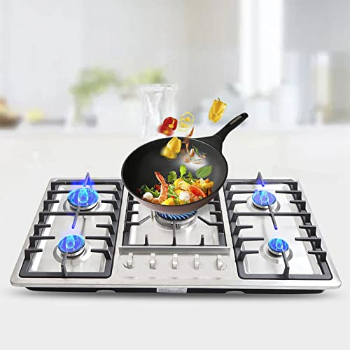 Estufa de gas de 34 con tapa convertible LPG/NG, 5 quemadores Placa de cocina de gas de acero inoxidable incorporada Protección contra fallas de la cocina de gas de combustible dual Rejillas extraíbl