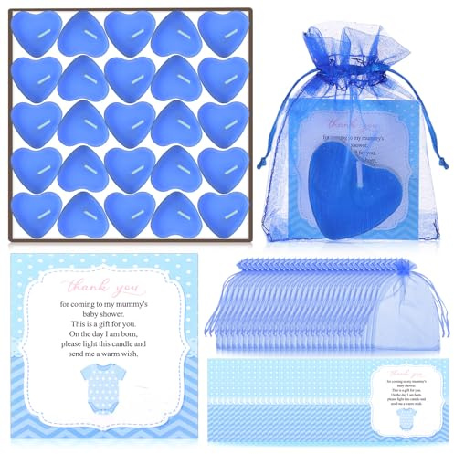 Threlaco 50 Sets Baby Shower Favors Candle Include 50 Pcs Heart Shaped Tealight Guests Baby Shower Candles Tealight with Thank Cards and 100 Pcs Gift Bags for Gender Reveal(Blue)