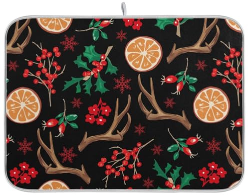 Tapete de secado único de hojas de acebo con patrón navideño de hojas de acebo, tapete de secado de microfibra para encimera de cocina, escurridor de platos, tapete de secado de platos, tapete de