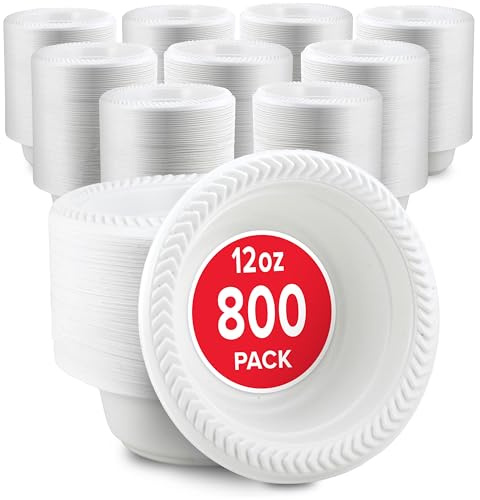 Stock Your Home 800 Count 12 oz White Plastic Bowls, Bulk Pack of Small Plastic Disposable Bowls for Dessert, Ice Cream, Pet Food - Heavy Duty Single Serving Bowls for Catering or Every Day Use