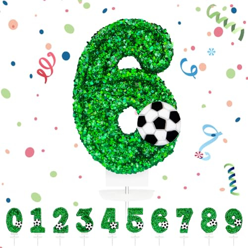 Geburtstagskerzen Zahlen 6,3D Grün Fußball Geburtstagskerzen,Grün Kerzen Geburtstag Zahl 6, Kuchen Topper Dekoration Kuchendeko Geburtstag, Geburtstagskerzen für Geburtstagsdeko Mädchen Jungen