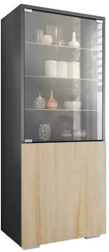 Vitrine Granada, Made in Germany, Vitrinenschrank mit Glastür und Glaseinsatz, Anthrazit matt/Eiche sägerau (50 x 122,5 x 34,5 cm)