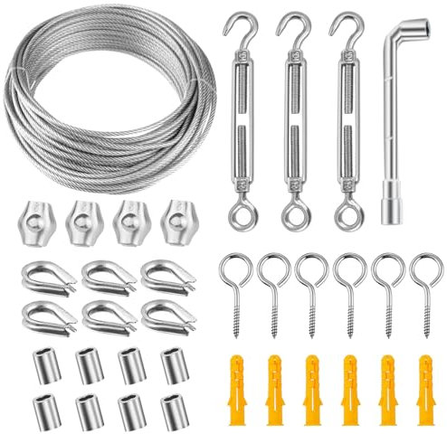 SHBAOCH Garden Wire Trellis Kit, 20m/2mm Stainless Steel Cable Rope PVC Coated Wire Rope Kit with M4 Turnbuckles for Climbing Plants Decorative String Lights Picture Hanging