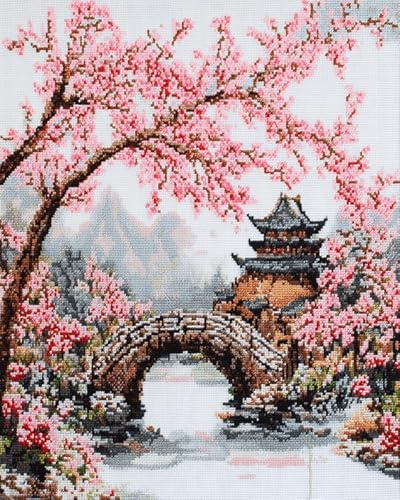 XDEGHUANGSS Kit de bordado de punto de cruz con la flor nacional de Japón,flor de cerezo,gama completa de kits de inicio de punto de cruz para principiantes,40x50 cm