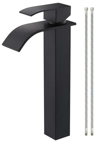 iVIGA Wasserfall Bad Wasserhahn Schwarz, Waschtischarmatur Einhebelmischer Edelstahl Auslauf Höhe 224 Bad Waschbecken Wasserhahn für 1 Loch, Gefäß Basin mixer Mit 60cm Wasserschläuche