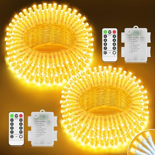 LYNNON Lichterkette Innen Batterie 2×100 LED Fairy Lights Wasserdicht Lichterkette Batterie mit Fernbedienung für Outdoor Party Hochzeit Camping Balkon Zimmer Außen Weihnachtsbaum deko Warmweiß
