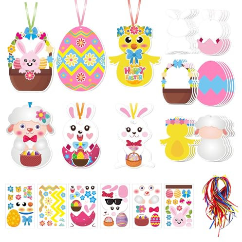 RobLuX 24 pcs Bricolage Poussin de Pâques pour Enfant Autocollants Mousse Lapin Bricolage Paques Enfant avec Lanière et Autocollante Bricolage Décorations Lapin de Pâques pour des Cadeaux de Pâques