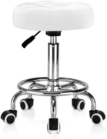 YEEZEE Rollhocker Höhenverstellbar mit 8cm-Dickem Polster für Büro, Weiß | Weiches PU-Leder, 150kg Traglast & 50-64cm Verstellbar, 360°-Drehung, Hocker mit Rollen, Ideal für Salon, Tattoo, Medizin