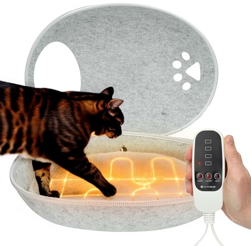 Silvergear® Katzenbett mit Heizung | Heizdecke für Katzen | Katzenklo mit Heizkissen | Katzenhöhle | Katzenspielzeug | 9 Heizmodi | Incl. Funktion Zeitmessung | Grau
