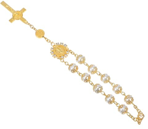 GLEAVI Auto Kreuz Anhänger Rückspiegel Gold Mit Perlen Auto Rosenkranz Hängeaccessoire Flexibles Autozubehör Für Stilvolle Innenausstattung Und Wohn Deko