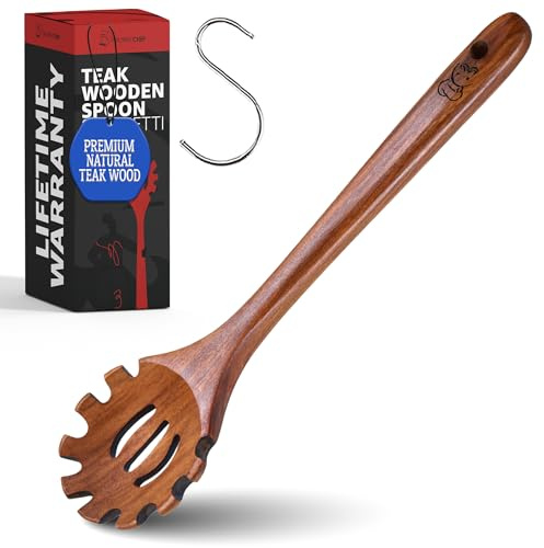 PriorityChef Premium Wooden Pasta Spoon - Handcrafted Teak Wood Spaghetti Spoon with Teeth - Durable Wooden Spaghetti Utensil - Wooden Pasta Fork and Spaghetti Noodle Spoon for Serving