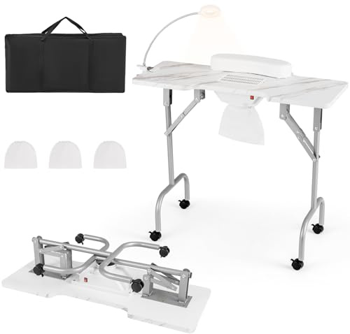 HOMASIS Tavolo Manicure con Aspirazione e Sacchetto per Polvere, Scrivania Unghie con Rotelle, Tavolino per Unghie Pieghevole e Portatile con Cuscino per Mani e Borsa Trasportabile (Bianco)