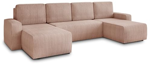Sofnet Wohnlandschaft mit Schlaffunktion Roma - U-Form Couch, Schlafsofa mit Bettkasten, Couchgranitur mit Bettfunktion, Big Sofa, Cord Stoff (Pink (Poso 052))