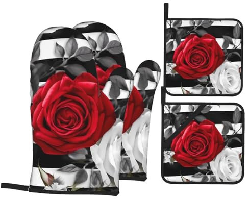 Ofenhandschuhe Topflappen 4Er Set Schwarze Weiße Streifen Rote Blume Topfhandschuhe Weiches Kochhandschuhe, Für Cafe, Backen, Küche