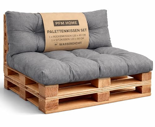 PFM HOME Palettenkissen Outdoor-Kissen Wasserdicht für Palettensofa Palettenmöbel Europaletten - Gartenkissen - 1 x Rückenkissen 120 x 40 cm + 1 x Sitzkissen 120 x 80 cm - Dunkelgrau