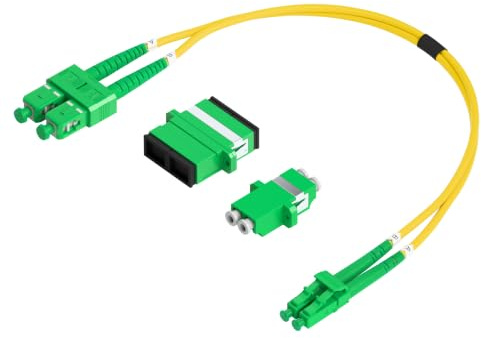 Conectra® - Juego de cables de fibra óptica con adaptadores a juego | LC/APC a SC/APC | Color amarillo | OS2 | monomodo | dúplex | ideal para redes domésticas FTTH (longitud 25 cm)