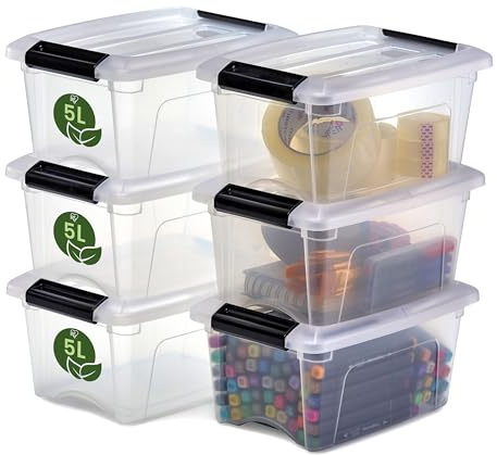 Iris Ohyama, caja de almacenamiento de plástico pequeña con tapa, 5L, juego de 6, transparente, 100% de plástico reciclado, clips de cierre, mango, apilable, sin BPA, NTB-5