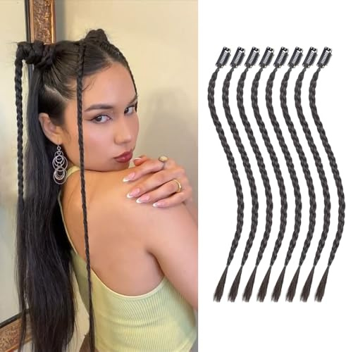 XFSRG 8 PCS Haarteil Damen Groß Braid Haarteile Echthaar Lange Geflochtener Ponytail Verlängerung Natürliches Haarverlängerung Zopf Dutt Gelockt Haargummi Haaren Hochsteckfrisuren (Schwarz)