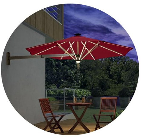 YySXIQ Outdoor Patio Garden Umbrella Sunshade With LED And Metal Pole - UV-protective And Anti-fade Polyester Fabric - Wall Mounted Parasol - With Wind Vent (Wine red 250cm/8.2ft)