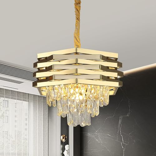 meibeileil Moderner Kristall Pendelleuchte,Gold Rund Hängend deckenlampe W40cm,3-Lagiger K9 Luxus HäNgelampe Esstisch,Kristallleuchter füR Pendelleuchte Esstisch,Wohnzimmer,Lobby,Flur,Schlafzimmer.