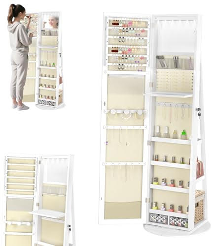LZQ Schmuckschrank mit Spiegel und LED-Leuchten 360° Schwenkbare Spiegelschrank Abschließbar Schmuckorganisator 3-in-1 Großer Schmuckaufbewahrung Schmuck-Organizer, 161 x 54,5 x 10 cm, Weiß