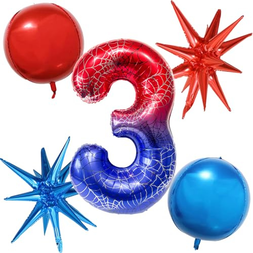 DazzJoy Spinne Geburtstagsdeko 3 Jahre Junge, 5 Stk Spinnen Luftballon 3 Jahre, Spinne Ballon 3. Geburtstag Junge, 40 Zoll Rot Blau Luftballons Zahlen 3, Spinnen Deko Folienballon Geburtstag 3 Jahr