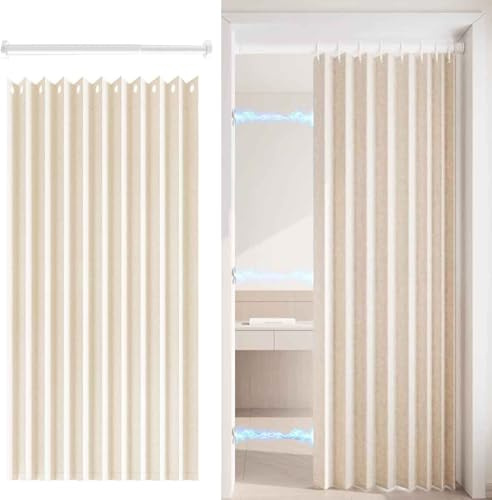 MTHGH Falttürvorhang,Mit Teleskopstange,Magnetischer Türvorhang mit Verdunkelung, Faltbarer Raumteiler für Bad/Schlafzimmer/Wohnzimmer, Akkordeon-Design(02,W 300*H 200cm)