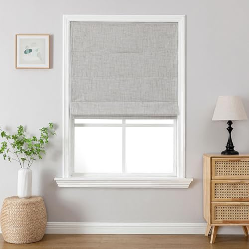 Joydeco Cordless Roman Shades, Linen Fabric Window Blinds, Thermal Insulated Blackout Blinds, Room Darkening Shades for Indoor Windows, Easy to Install, 31 W×75 H, Greyish White