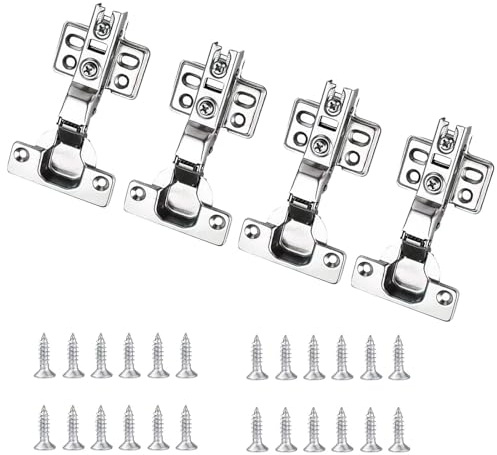 4 Pcs Soft Close Hinges, 3D Adjustable Steel Concealed Cabinet Hinges, Modern Half Overlay Door Hin-ges with 24 Screws for Kitchen, Bathroom, Bedroom & More