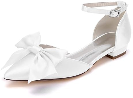 Ballerine da Sposa con Punta Appuntita per Donna Scarpe da Matrimonio Bianche Décolleté con Cinturino alla Caviglia E Fiocco in Satin,Bianca,36 EU