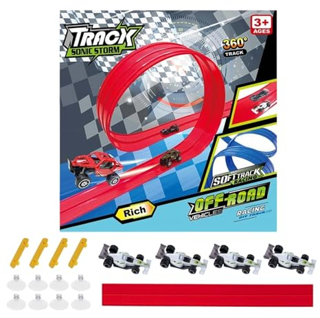Flexible Rennstrecke Für Kinder 390 X 8 X 1 cm Rot PP 4 Meter Biegsame Aufrollbare Rennspiele Mit 4 Autos Und Rampen Autorennbahn Spielzeug Für 1/64 Modelle, Kinderfreundlich Ab 3+